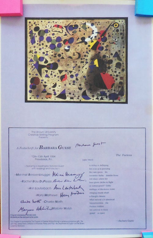 Item #27581 A Festschrift for Barbara Guest (Signed by Guest and all of the Participating Poets). Barbara Poetry Poster - Guest, Rachel Blau DuPlessis Mei-Mei Berssenbrugge, Charles North, Harry Mathews, Ann Lauterbach, Marjorie Welish.