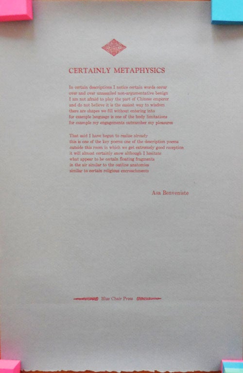 Item #27582 Certainly Metaphysics (Poetry Broadside). Asa Benveniste.