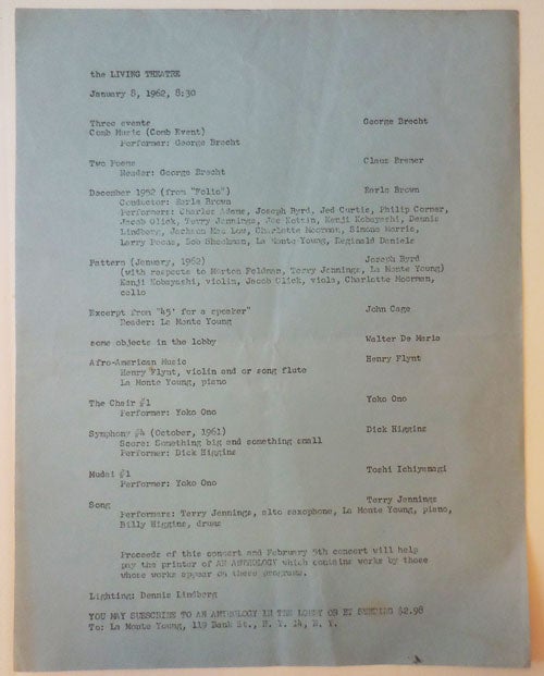 Item #28081 Announcement Sheet for a series of performances on January 8, 1962 at the Living Theatre. Henry Flynt Living Theatre - George Brecht, Earle Brown, Dick Higgins, Yoko Ono.