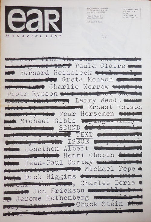 Item #28691 Ear Magazine Volume 6 Number 5. Charlie Music - Morrow, Leigh Stewart, Dick Higgins Bernard Heidsieck, Henri Chopin.
