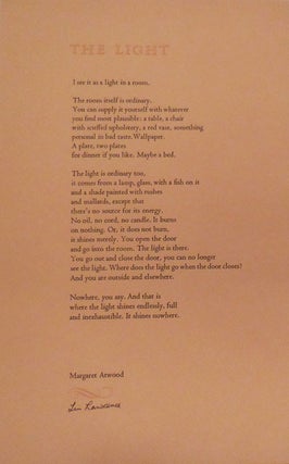 Item #28692 The Light (Poetry Broadside (Signed by Lin Lawrence). Margaret Atwood, Designer Lin...