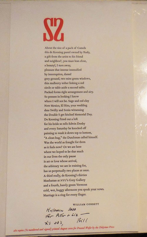Item #28744 SS (Inscribed Poetry Broadside). William Corbett.