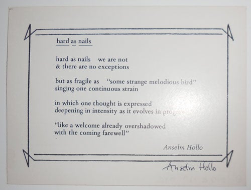 Item #29080 hard as nails (Signed Poetry Postcard). Anselm Hollo.