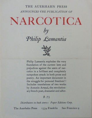 Item #29800 Auerhahn Press Announcement Card for the publication of Narcotica. Philip Auerhahn...