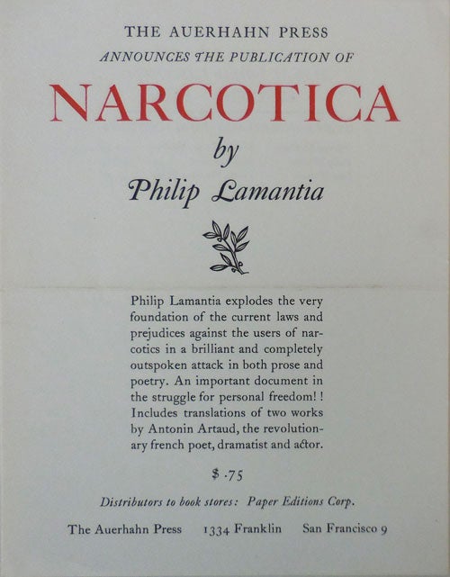 Item #29800 Auerhahn Press Announcement Card for the publication of Narcotica. Philip Auerhahn Press - Lamantia.