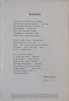 Item #30131 honestas (Signed Poetry Broadside). Robin Blaser