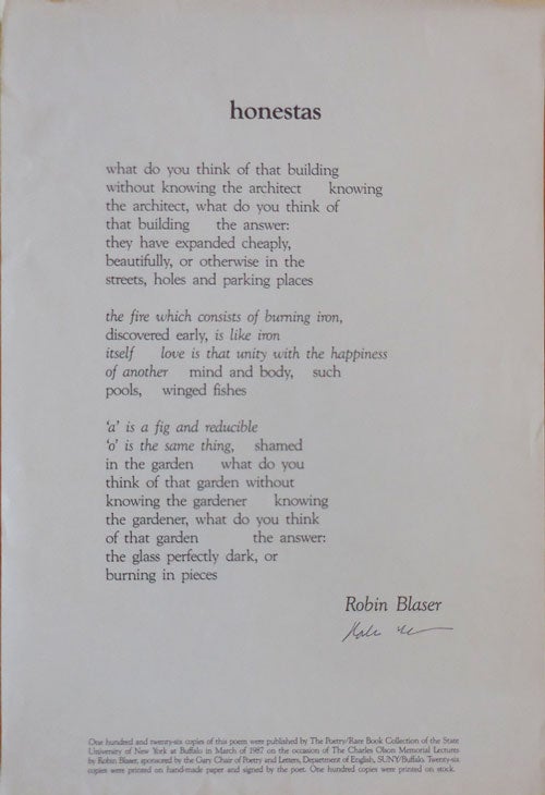 Item #30131 honestas (Signed Poetry Broadside). Robin Blaser.