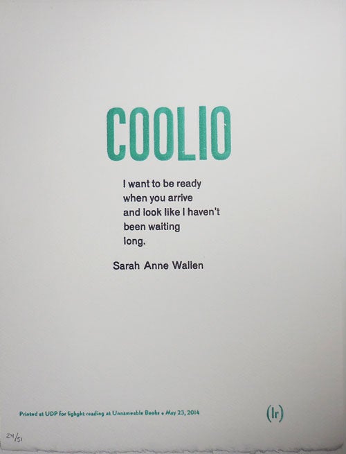 Item #30368 Coolio (Poetry Broadside). Sarah Anne Wallen.
