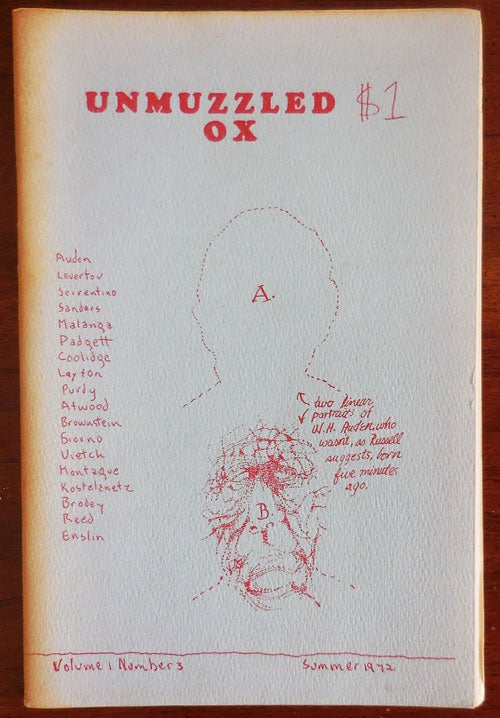 Item #30669 Unmuzzled Ox Volume 1 Number 3. Michael Andre, W. H. Auden Laurie Anderson, John Giorno, Margaret Atwood, Ron Padgett.