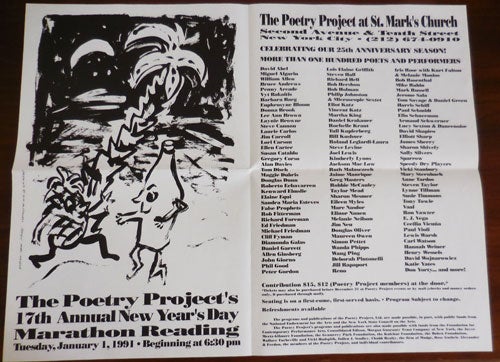 Item #30718 The Poetry Project's 17th Annual New Year's Day Marathon Reading 1991 Poster / Flyer. John Giorno Poster - Allen Ginsberg, Jim Carroll, David Wojnarowicz, Cecilia Vicuna, Gregory Corso, Bill Kushner.