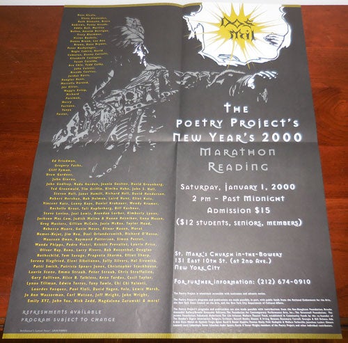 Item #30724 The Poetry Project's New Year's 2000 Marathon Reading 2000 Poster / Flyer. Douglas Dunn Poster - Victor Bokris, Patti Smith, Lewis Warsh, John Yau, Tony Towle.