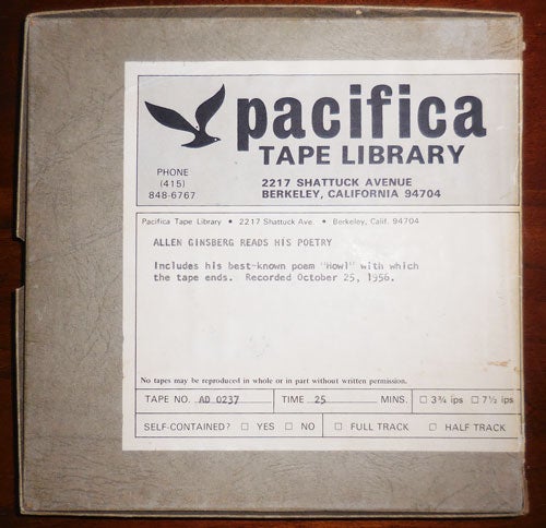 Item #30886 Allen Ginsberg Reads His Poetry: Includes his best-known poem "Howl" with which the tape ends. Recorded October 25, 1956 (Reel-To-Reel Tape in Original Labeled Box). Allen Beats - Ginsberg.