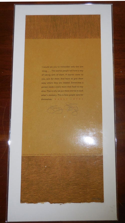 Item #31833 Untitled Signed Broadside (First line reads "I would ask you to remember only this one" Barry Lopez.