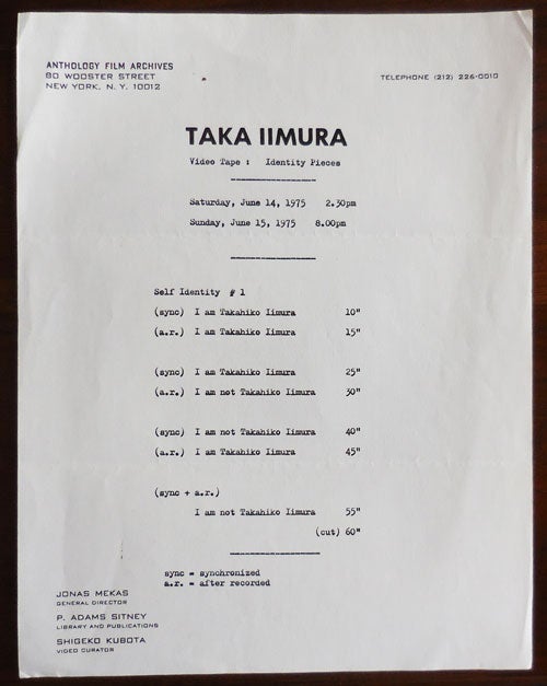 Item #32694 Flyer for a Performance at Anthology Film Archives. Video Art - Taka Iimura.