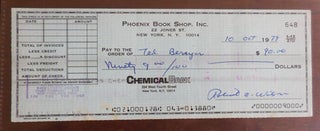 Item #32812 Cancelled Check Signed by Berrigan (from the Phoenix Book Shop). Ted Berrigan