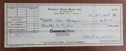 Item #32812 Cancelled Check Signed by Berrigan (from the Phoenix Book Shop). Ted Berrigan.