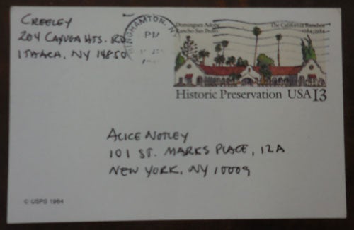 Item #33060 Handwritten Postcard Signed from Creeley to Poet Alice Notley dated January 19, 1985. Robert Creeley, Alice Notley.