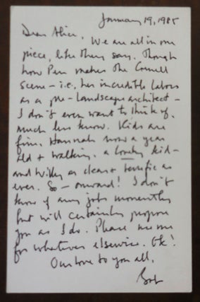 Handwritten Postcard Signed from Creeley to Poet Alice Notley dated January 19, 1985