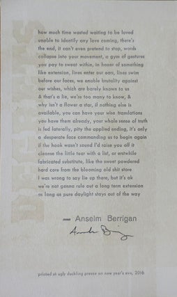 Item #33272 Poetry Broadside (how much time wasted waiting to be loved ...). Anselm Berrigan