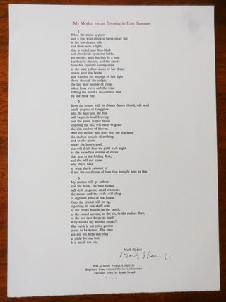 Item #33649 My Mother On An Evening in Late Summer (Signed). Mark Poetry Broadside - Strand