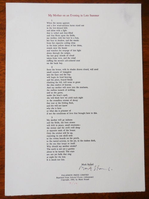 Item #33649 My Mother On An Evening in Late Summer (Signed). Mark Poetry Broadside - Strand.