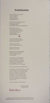 Item #33792 Pentimento (Broadside Poem). Robin Blaser