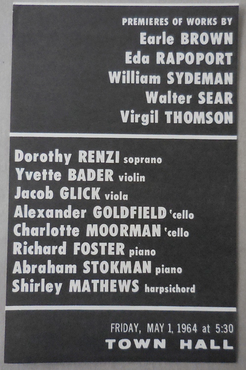Item #33866 Town Hall Performance Announcement Flyer. Avant Garde Music Ephemera - Earle Brown / Eda Rapoport / William Sydemen / Walter Sear / Virgil Thomson.
