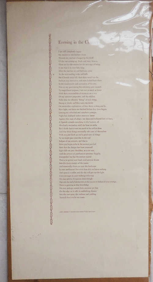 Item #34023 Evening in the Country (Broadside Poem). John Ashbery.