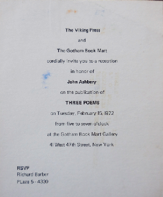 Item #34099 Publication Announcement Card for Ashbery's Three Poems from The Viking Press and The...