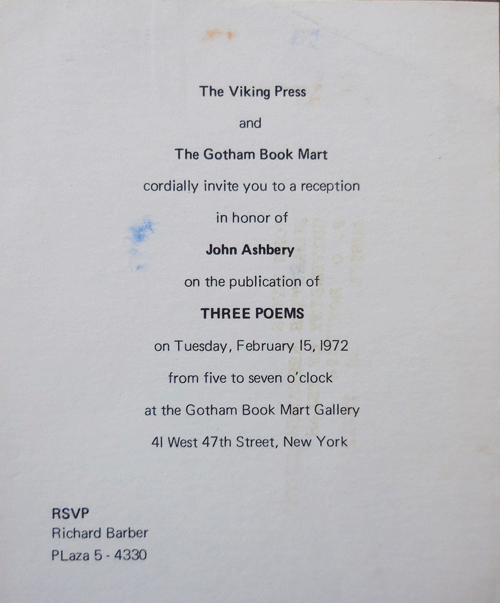 Item #34099 Publication Announcement Card for Ashbery's Three Poems from The Viking Press and The Gotham Book Mart. John Poetry Ephemera - Ashbery.