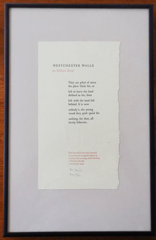 Item #34120 Westchester Walls for William Bronk (Inscribed by Weil). James Broadside - Weil.