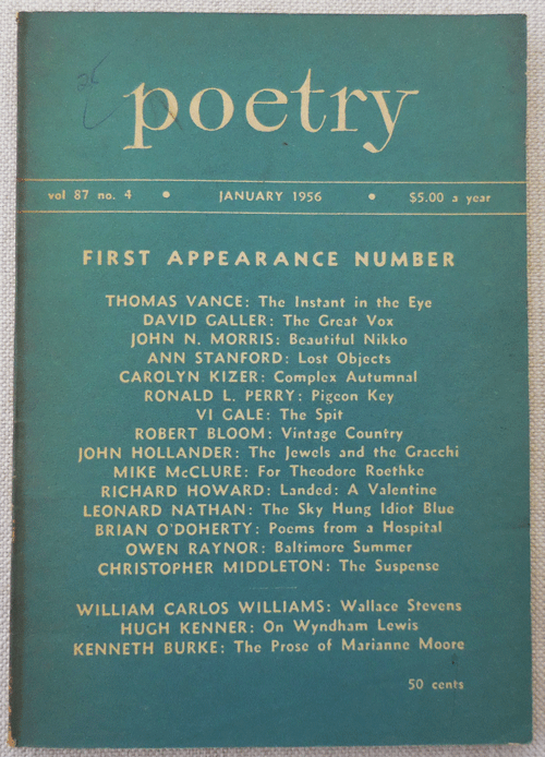 Item #34270 Poetry Magazine Vol 87 No. 4 January 1956 Issue. Henry Rago, Carolyn Kizer Michael McClure, William Carlos Williams, John Hollander, Ann Standford.