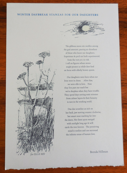 Item #34680 Winter Daybreak Stanzas For Our Daughters (Poetry Broadside). Brenda Hillman.