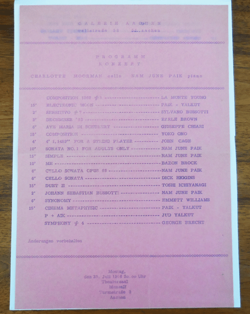 Item #34720 Galerie Aachen Program Konzert 25 Juli 1966. Charlotte Fluxus - Moorman, Nam June Paik.