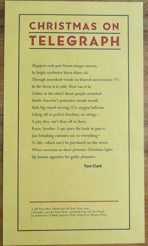 Item #34744 Christmas On Telegraph (Poem Broadside). Tom Clark.