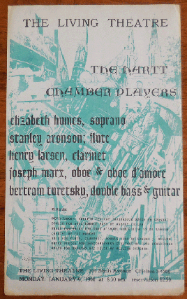 Item #35572 Announcement Poster for a 1961 Performance. Living Theatre - The Hartt Chamber Players