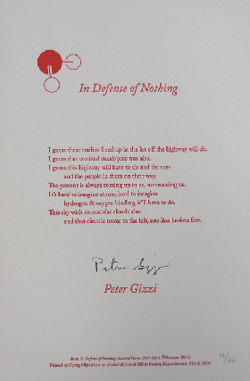 Item #35614 In Defense of Nothing (Signed Broadside Poem). Peter Gizzi