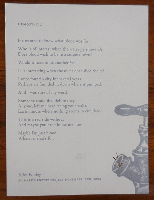 Item #35635 Hemostatic (Poetry Broadside). Alice Notley.