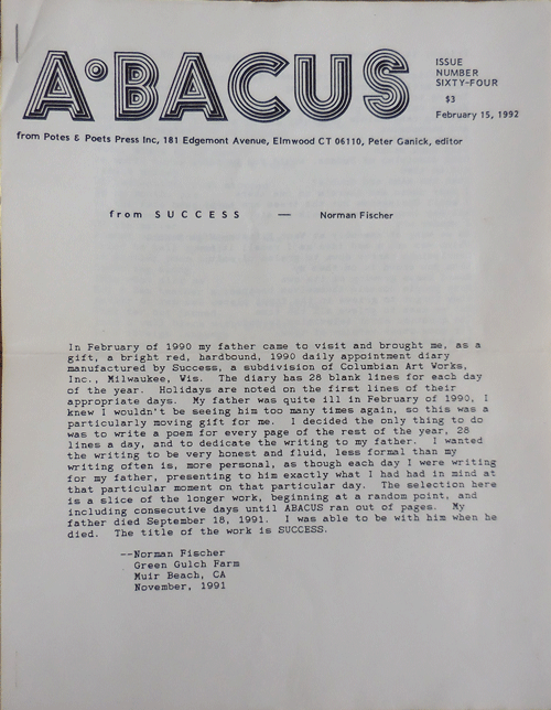 Item #35641 from SUCCESS A.Bacus Issue Number Sixty-Four. Peter Ganick, Norman Fischer.