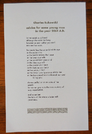 Item #35800 Poetry Broadside - Advice for Some Young Man in the Year 2064 A.D. Charles Bukowski
